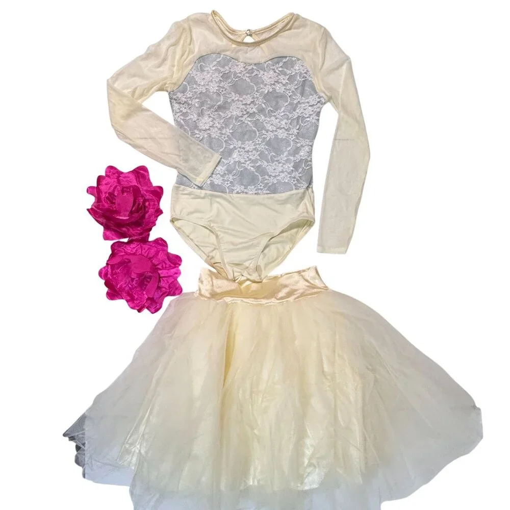 Weissman Music Box Dance Dress Tutu Costume Large‎ Child Ivory Silver Lace Tulle